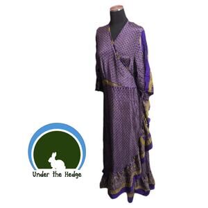 Purple  Floral Recycled Silk Blend Wrap Maxi Ruffle Sari Dress One Size Boho M1